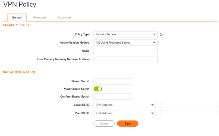 Screenshot of SonicWall VPN policy configuration page for tunnel interface setup, including security policy settings, authentication method, and IKE authentication for IPSec VPN.