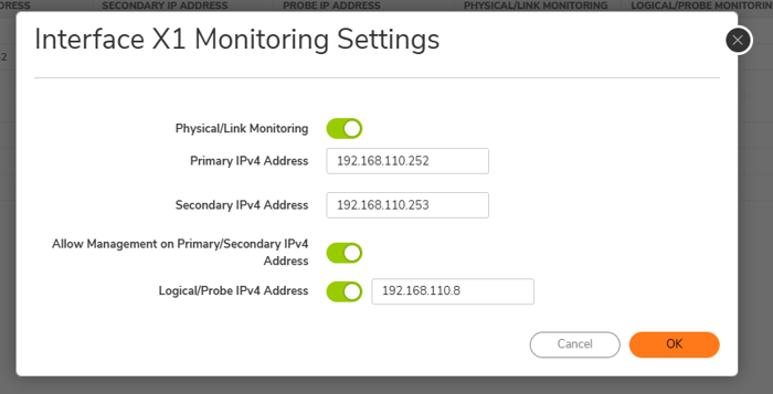 Screenshot of SonicWall X1 interface monitoring settings showing physical and logical probe monitoring configuration, including primary and secondary IPv4 addresses for management.