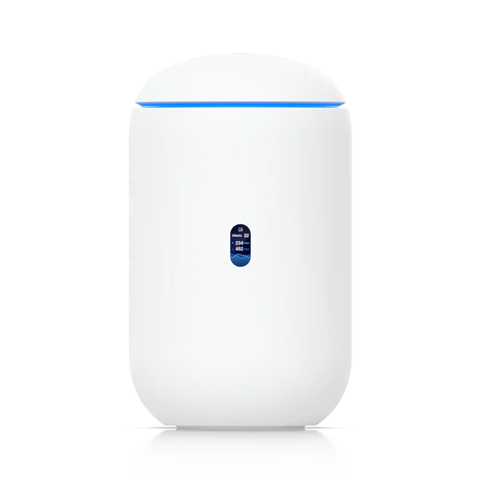 Front view of the UniFi Dream Router 7 (UDR7) Wi-Fi 7 gateway with a built-in display and 10G connectivity.