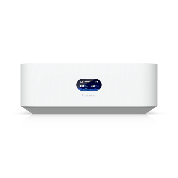 Front view of the UniFi Express 7 (UX7) Wi-Fi 7 gateway with a built-in display, compact design, and 10G networking support.