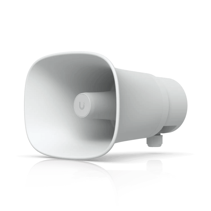 Ubiquiti AI Horn Speaker with UniFi Protect integration, white weatherproof design for voice alerts, automated deterrence, and perimeter security.
