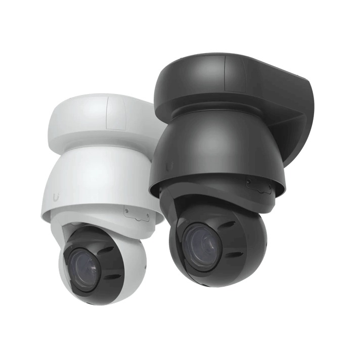 Ubiquiti AI PTZ Industrial cameras in black and white variants, built for harsh outdoor environments with 22x optical zoom and infrared night vision.