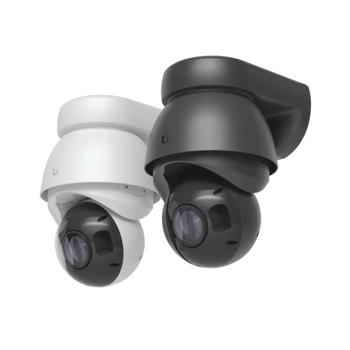 Ubiquiti AI PTZ Precision camera in black and white models, featuring 31x optical zoom and wall-mounted design for long-range surveillance.