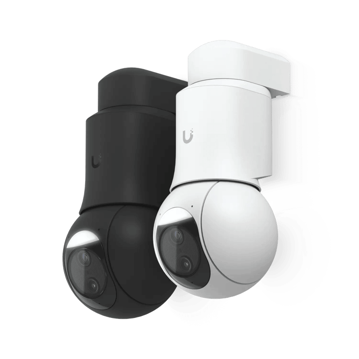 Ubiquiti G6 PTZ camera in black and white, compact dual-lens design with two-way audio for indoor and outdoor UniFi Protect setups.