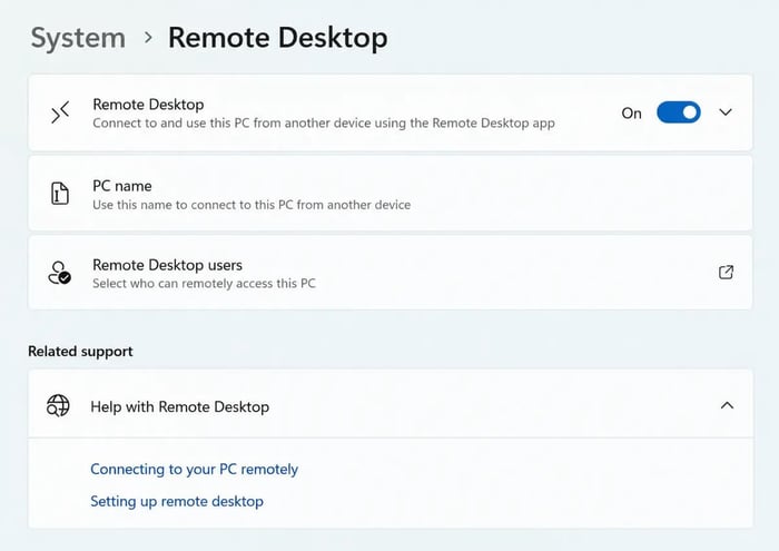 Windows 11 Settings Remote Desktop toggle turned on