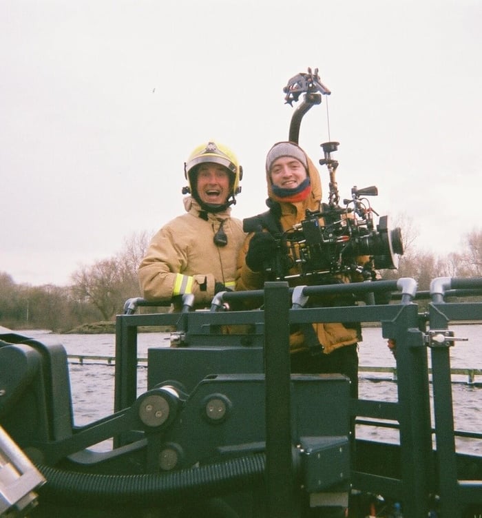 Gabe Harden about to go up in a fireman’s lift during a music video shoot in Blackpool, UK