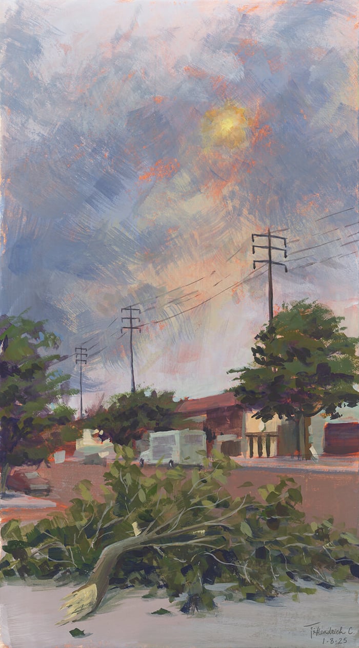 The Eaton Fire from Glendale, painted by Teri Hendrich C. on 1-8-25. Shared in her blog post "A Chance to Press Restart on a New Year."