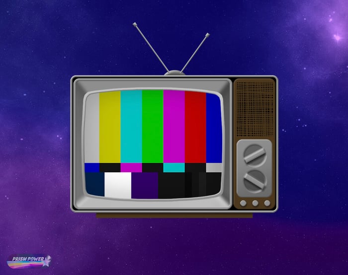 A mock TV set with SMPTE color bars displayed. For the blog post, "Illegal Colors | Prism Power."