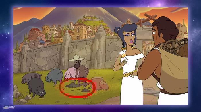 Screenshot from an episode of Krapopolis that depicts desaturated pig poop in the background. For the blog post "Illegal Colors | Prism Power."