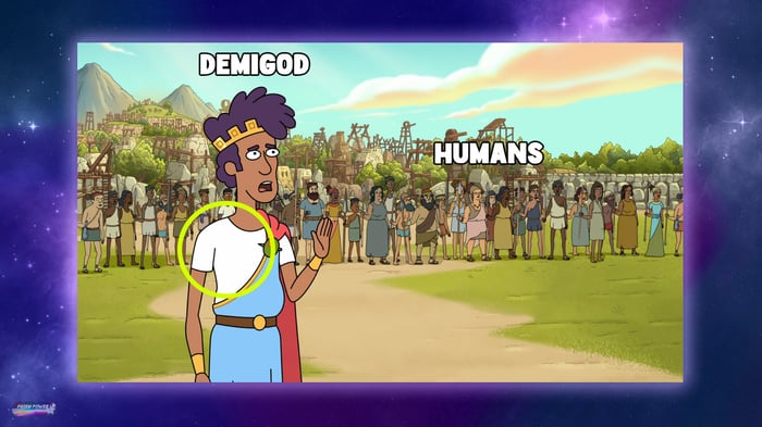 Tyrannis from Krapopolis standing in front of a crowd of humans, for Ep.04 of Prism Power, "Storytelling with Color."