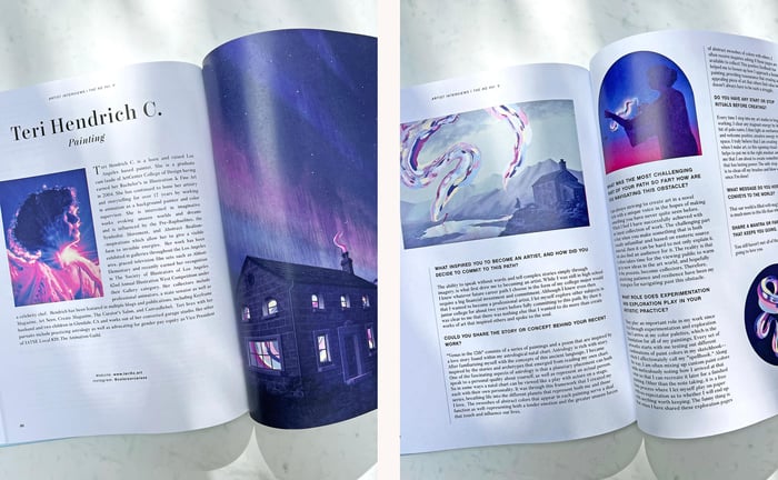 Teri Hendrich C.'s 4 page spread feature in Art Queens, Volume V. Published Winter 2025.