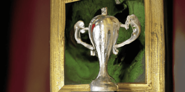 Trophy on a shelf next to an oil painting