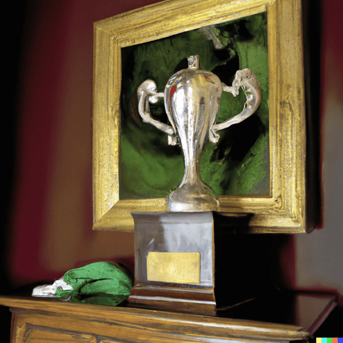 Trophy winner next to a painting