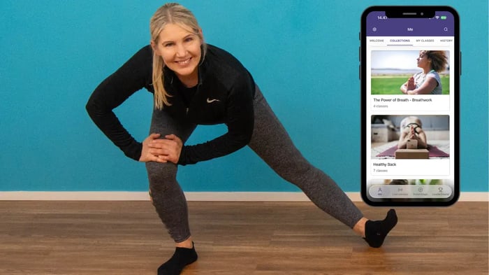 Yogaia app showing the Healthy Back collection, with a Yogaia teacher stretching