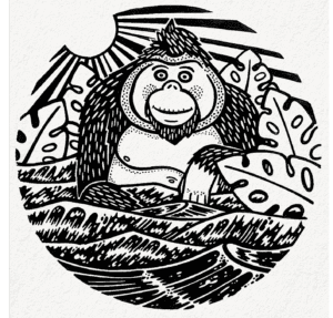 Hand-drawn image of an Orangutan in waves
