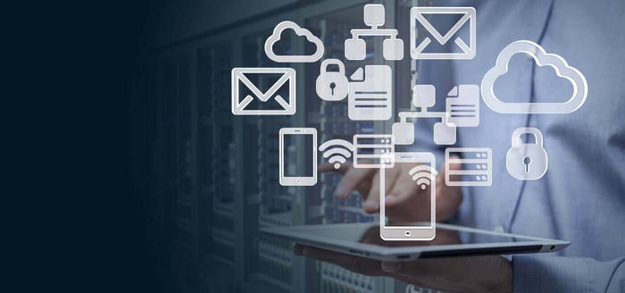 Digital communication icons over a server room, representing the tools used for audio redaction