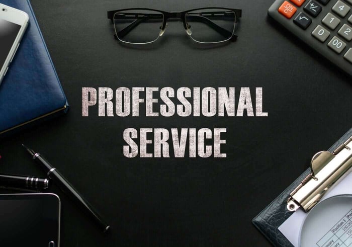 Desk flat lay reading Professional Service, representing the work of a forensic audio and video expert