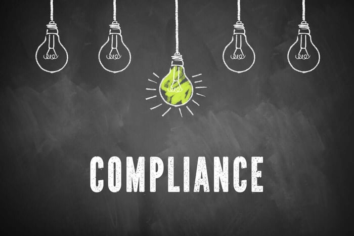 Chalkboard illustration reading Compliance, representing the legal obligations behind video redaction