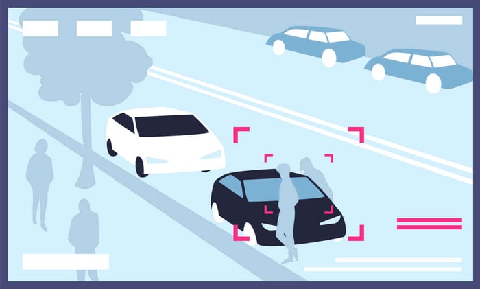 Illustration of vehicles and pedestrians marked by automatic detection boxes, representing automated video redaction