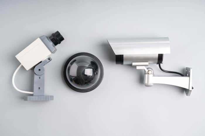 Three surveillance cameras on a white background, representing the recorded evidence sources in a case
