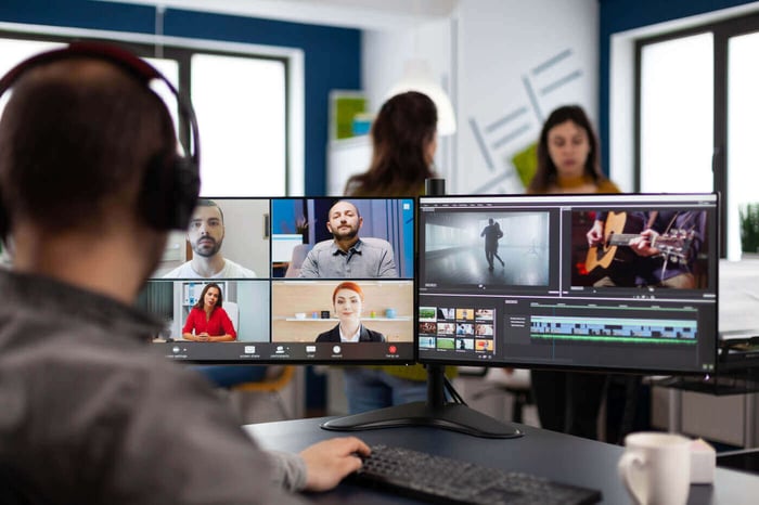 Editor reviewing footage during a video call with collaborators, representing review workflows in Frame.io