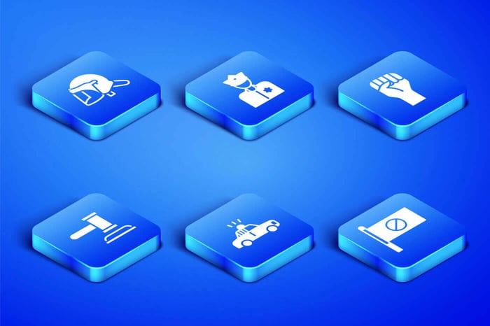 Isometric law enforcement icons on a blue background, representing public safety records that require redaction