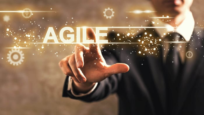 Person touching the word Agile surrounded by gear icons, representing flexible outsourced redaction capacity