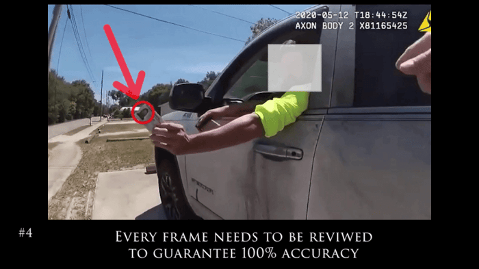 Body worn camera frame annotated to show that every frame must be reviewed to guarantee redaction accuracy