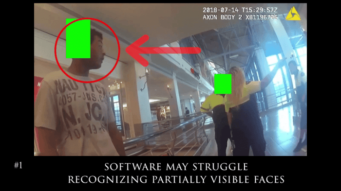 Body worn camera frame showing automatic software missing a partially visible face during redaction