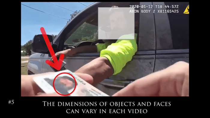Body worn camera frame illustrating how the size of faces and objects varies across a recording