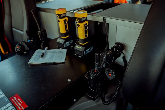 Police radios and dispatch duty equipment on a desk, representing the communications systems that generate 911 call audio