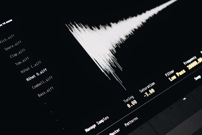 Audio waveform displayed in analysis software, representing forensic audio authentication of a recording