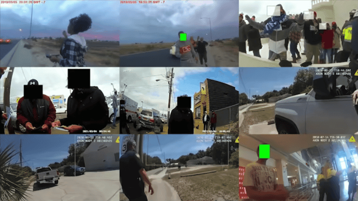 Grid of body worn camera frames with faces blurred and screens masked, showing video redaction applied