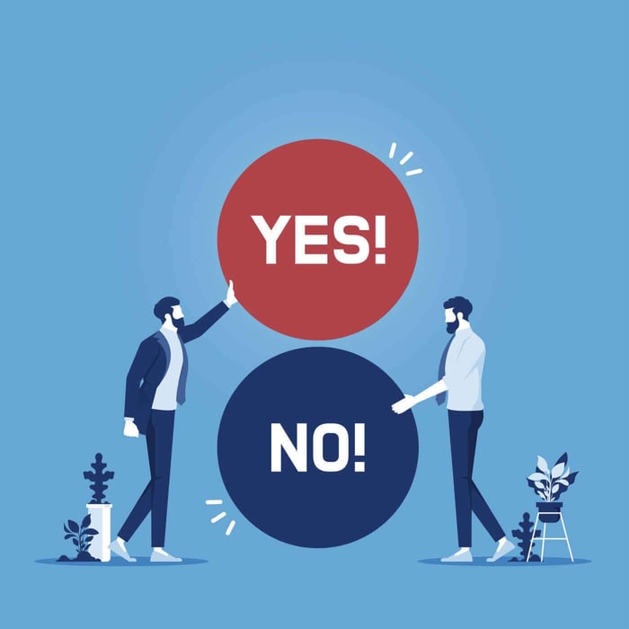 Illustration of two people beside large Yes and No buttons, representing the balance in setting redaction fees