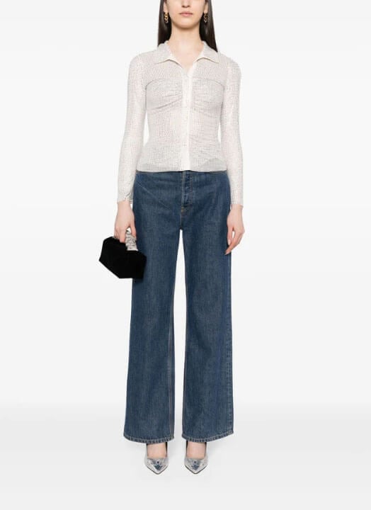 Self-Portrait Cream Rhinestone Mesh Top