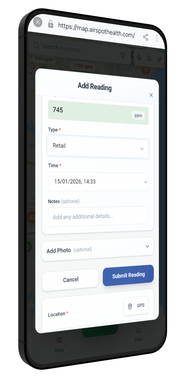 AirSpot Fresh Indoor Air CO₂ Map Reading Submission Screen