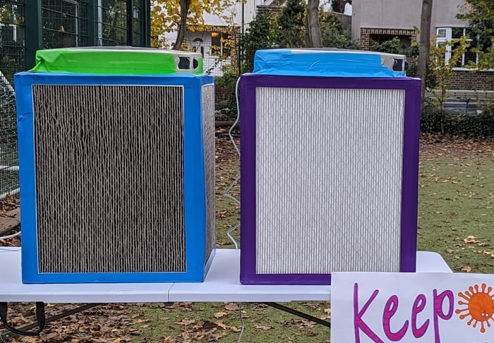 Clean Air For Kids - Look at this image of two air filters, one used and the other new. The dirty one has collected all the muck that otherwise would have been breathed in by a child in a classroom. That could all be in your child’s lungs.