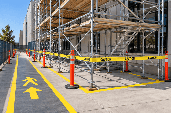 Scaffold base area with a marked caution perimeter and designated pedestrian access path