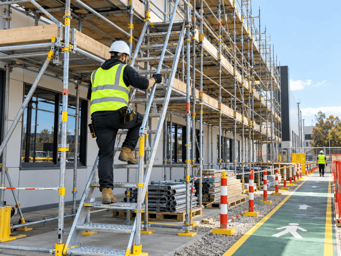 Worker accessing a scaffold ladder beside a clearly organized and marked ground safety zone
