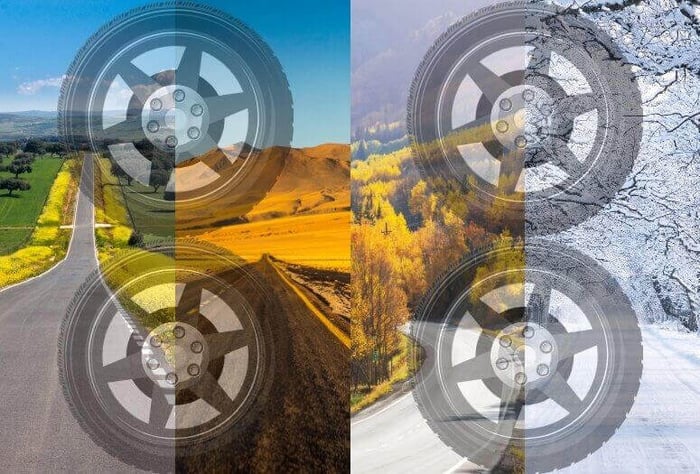 Les quatre pneus représentant les quatre saisons