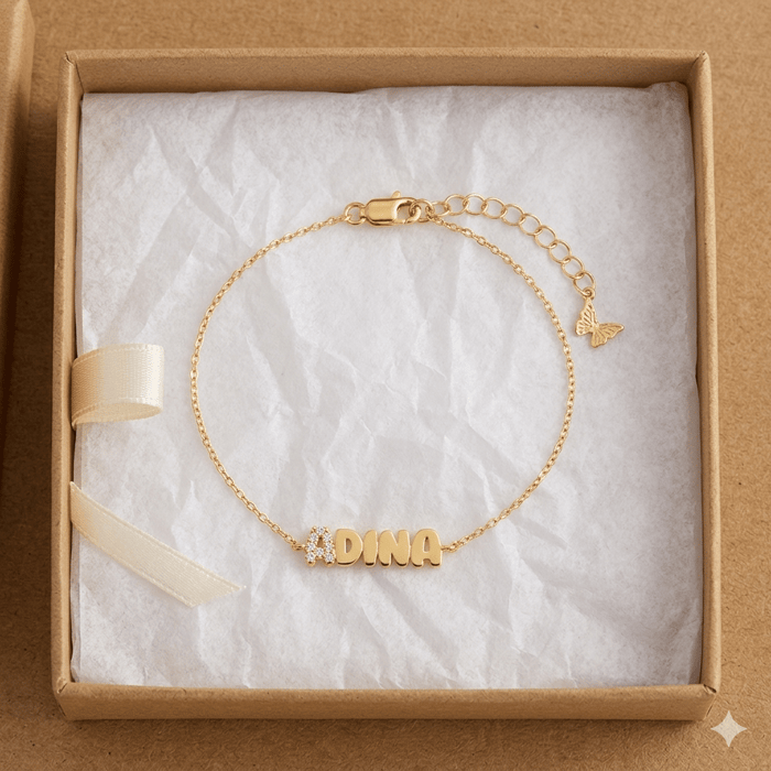 Pave Accented Flat Bubble Letter Nameplate Bracelet
