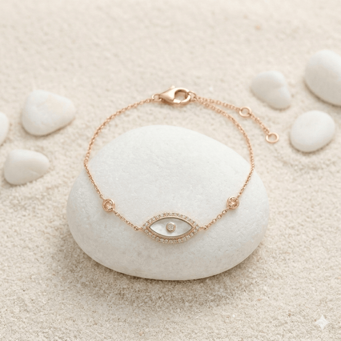 Diamond Pave MOP Evil Eye Charm Bracelet 14K