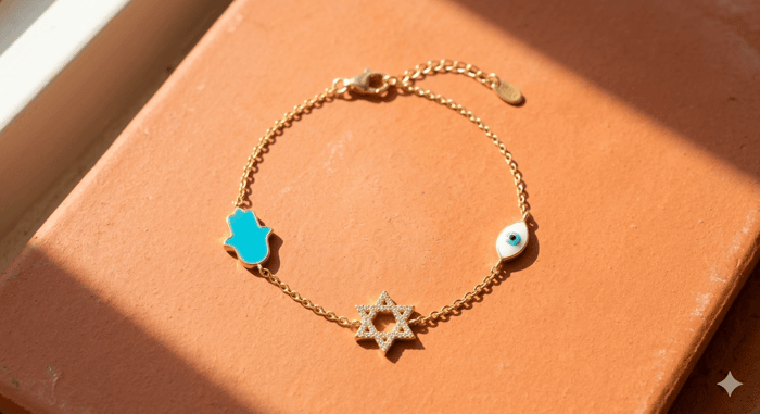 Diamond & Colored Enamel Jewish Charms Bracelet 14K