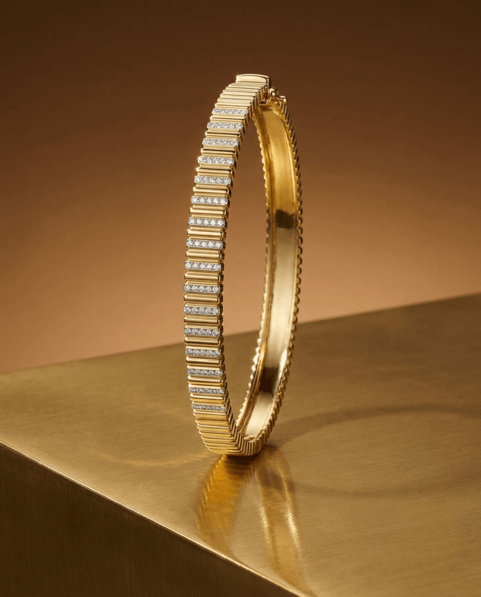 Diamond Pave Ridged Bangle Bracelet 14K