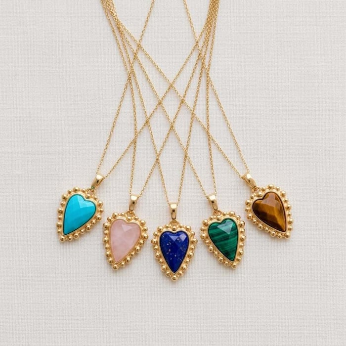 Natural Stone Elongated Heart Beaded Necklace