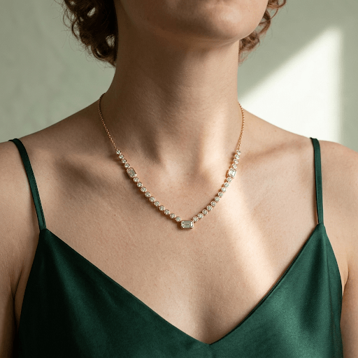 Lab Grown Diamond Bezel Emerald Center Tennis Necklace