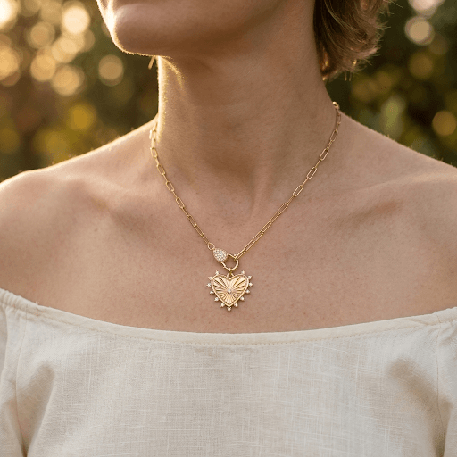 Pave Clasp Heart Charm Paperclip Necklace