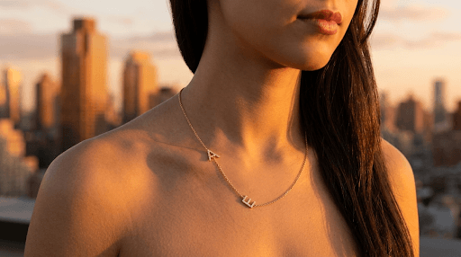 Diamond Pave Sideway Double Initial Necklace 14K