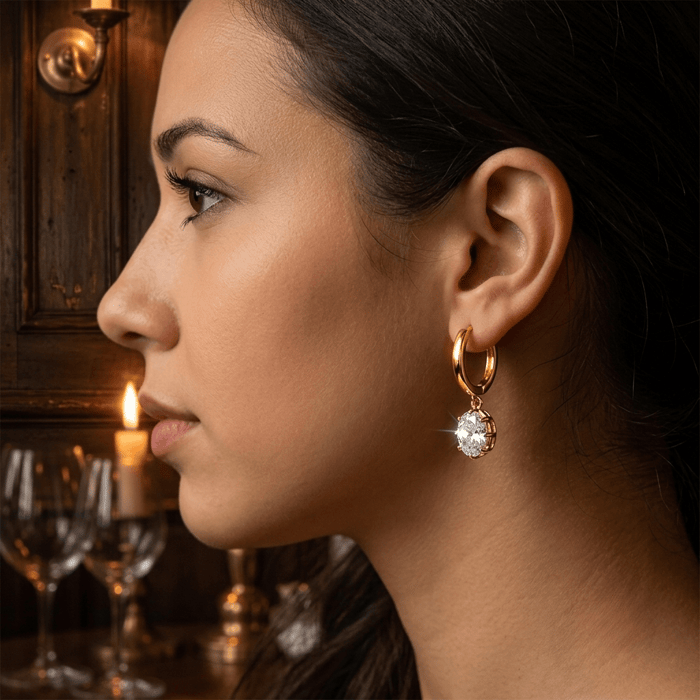 Moissanite Oval Bezel Dangling Huggie Earring