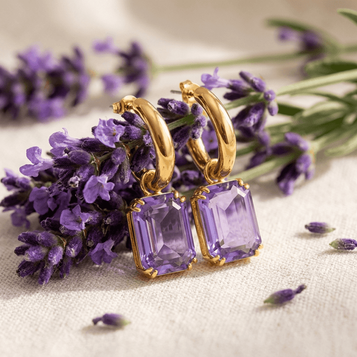 colored drop hoop earring set in a soft purple gemstone tone